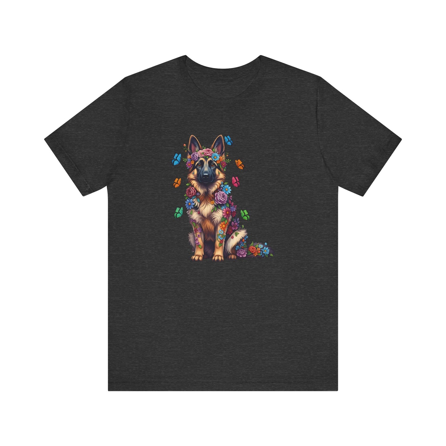 Whimsical Floral German Shepherd Tee – Colorful Dog Lover Shirt with Butterflies