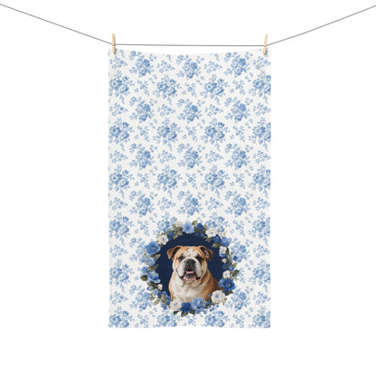 Blue Floral English Bulldog Portrait Hand Towel – Cute Pet Bathroom Accessory