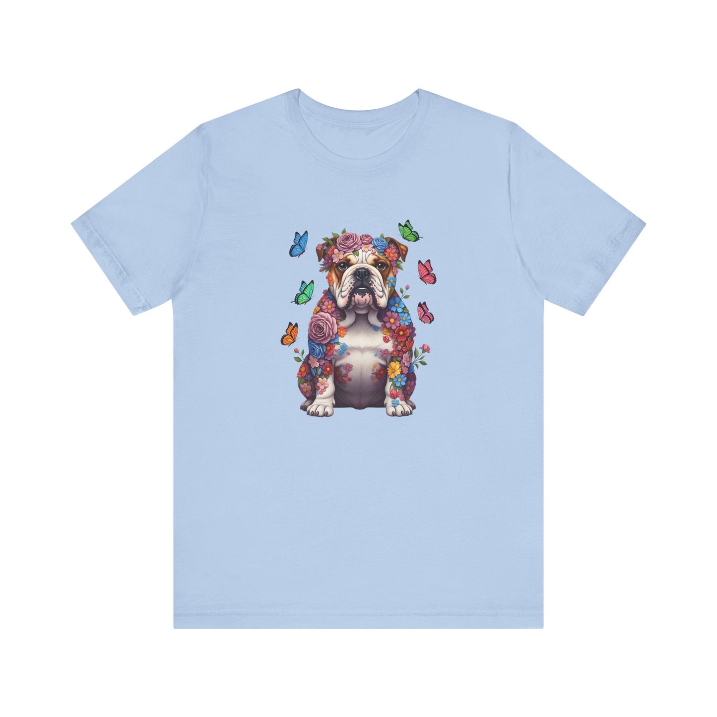 Whimsical Floral English Bulldog Tee – Colorful Dog Lover Shirt with Butterflies