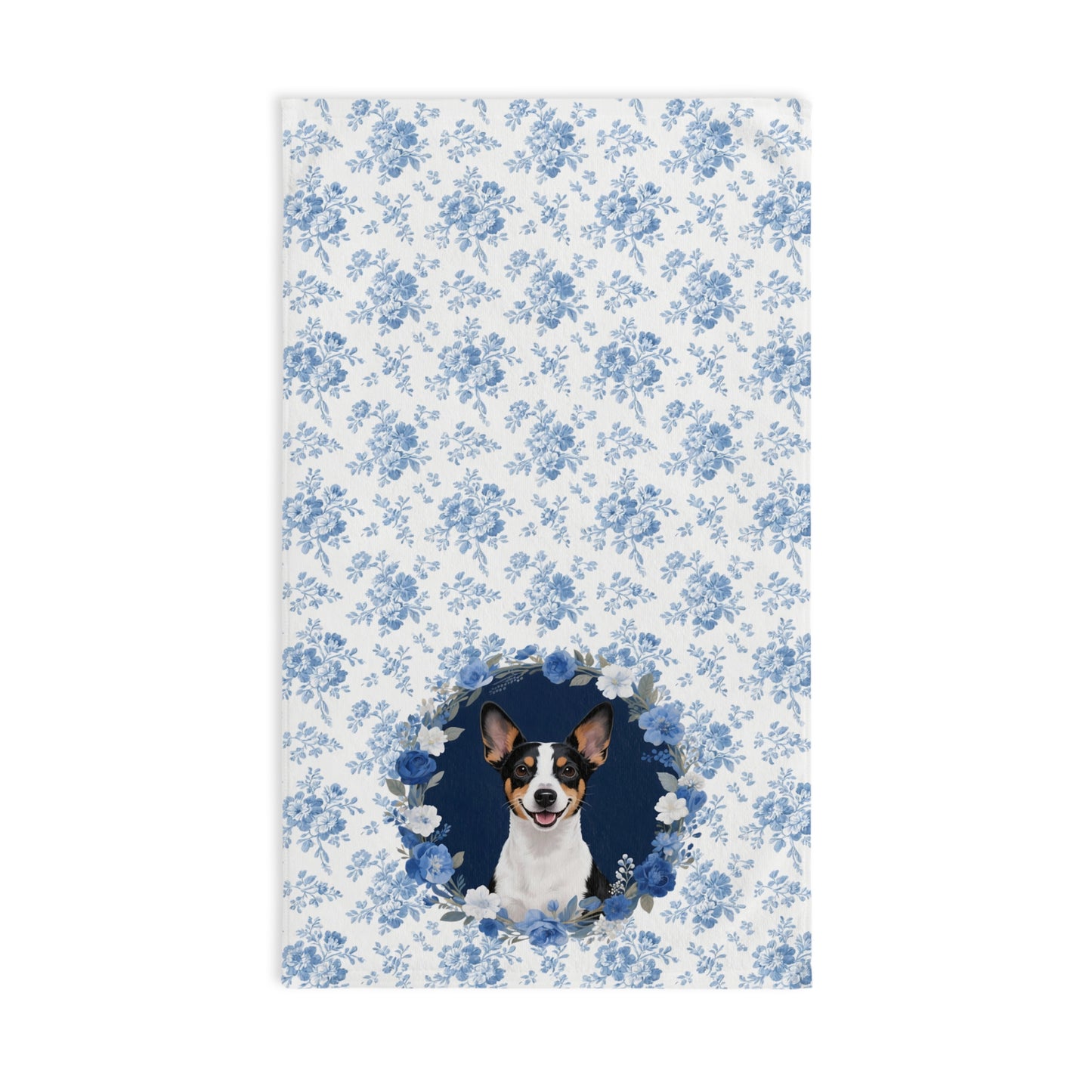 Blue Floral Rat Terrier Dog Portrait Hand Towel – Cute Pet Bathroom Accessory