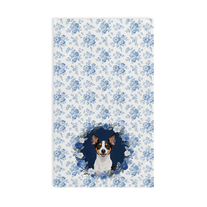 Blue Floral Rat Terrier Dog Portrait Hand Towel – Cute Pet Bathroom Accessory