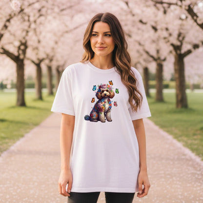 Whimsical Floral Poodle Tee – Colorful Dog Lover Shirt with Butterflies