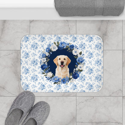 Blue Floral Lab Bath Mat – Cute Labrador Retriever Dog Bathroom Rug