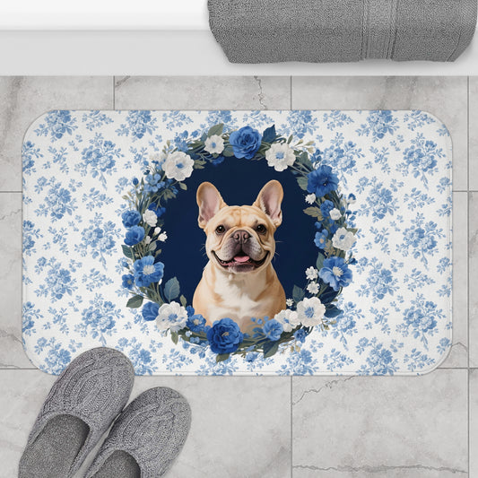 Blue Floral Frenchie Bath Mat – Cute Fawn French Bulldog Bathroom Rug
