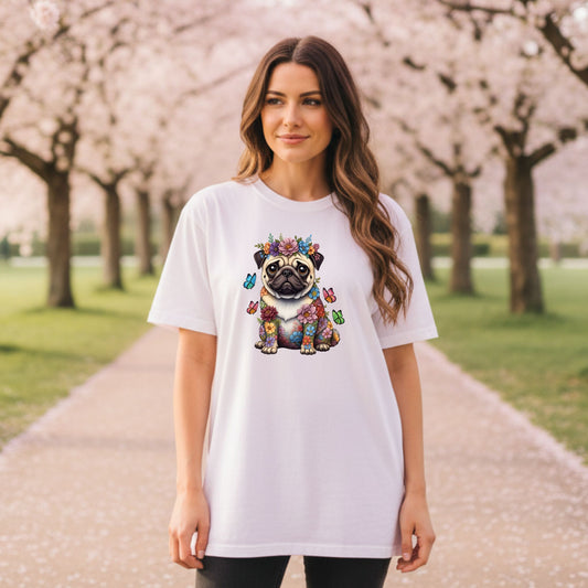 Whimsical Floral Pug Tee – Colorful Dog Lover Shirt with Butterflies