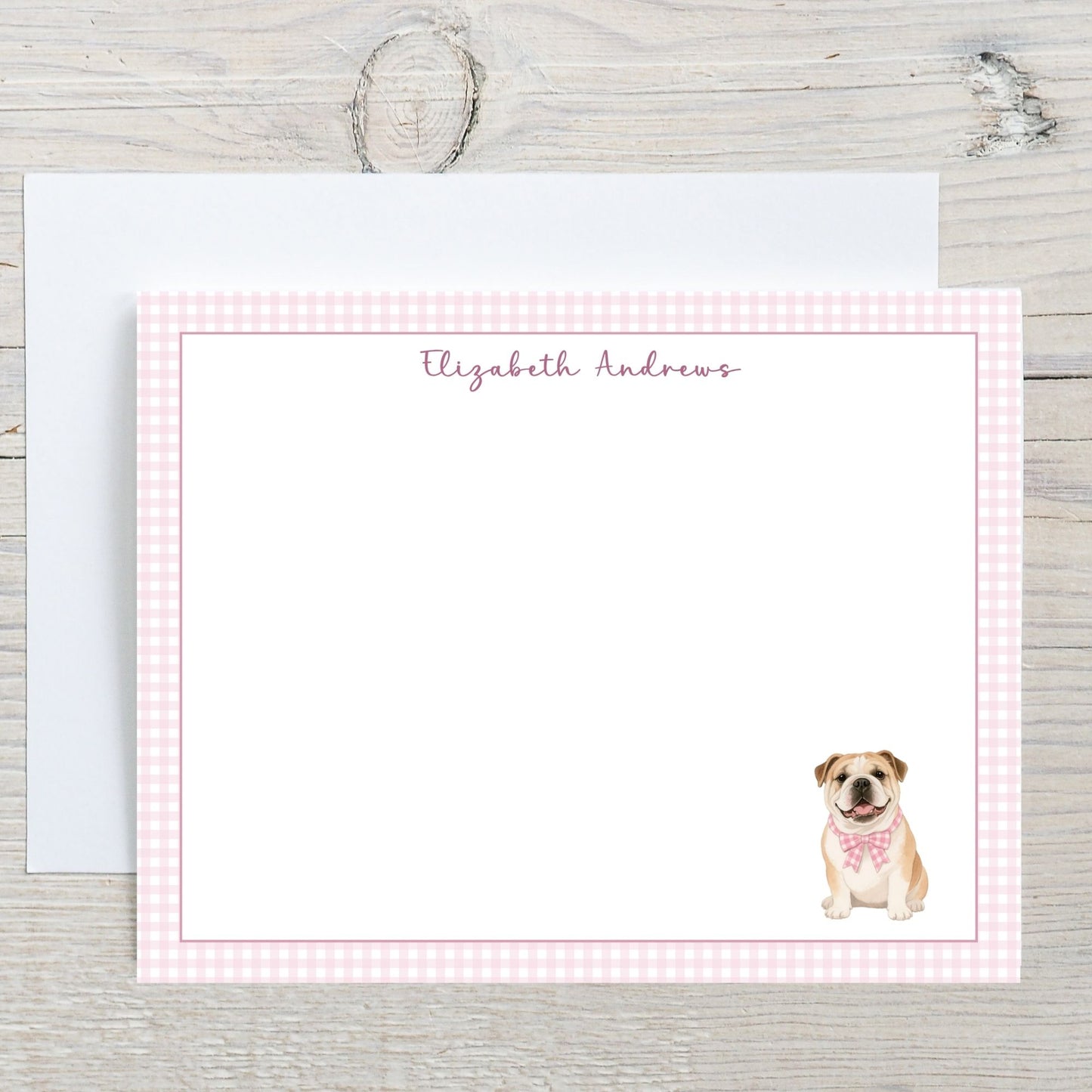 English Bulldog Pink Gingham Personalized Notecard Set