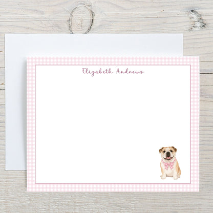 English Bulldog Pink Gingham Personalized Notecard Set