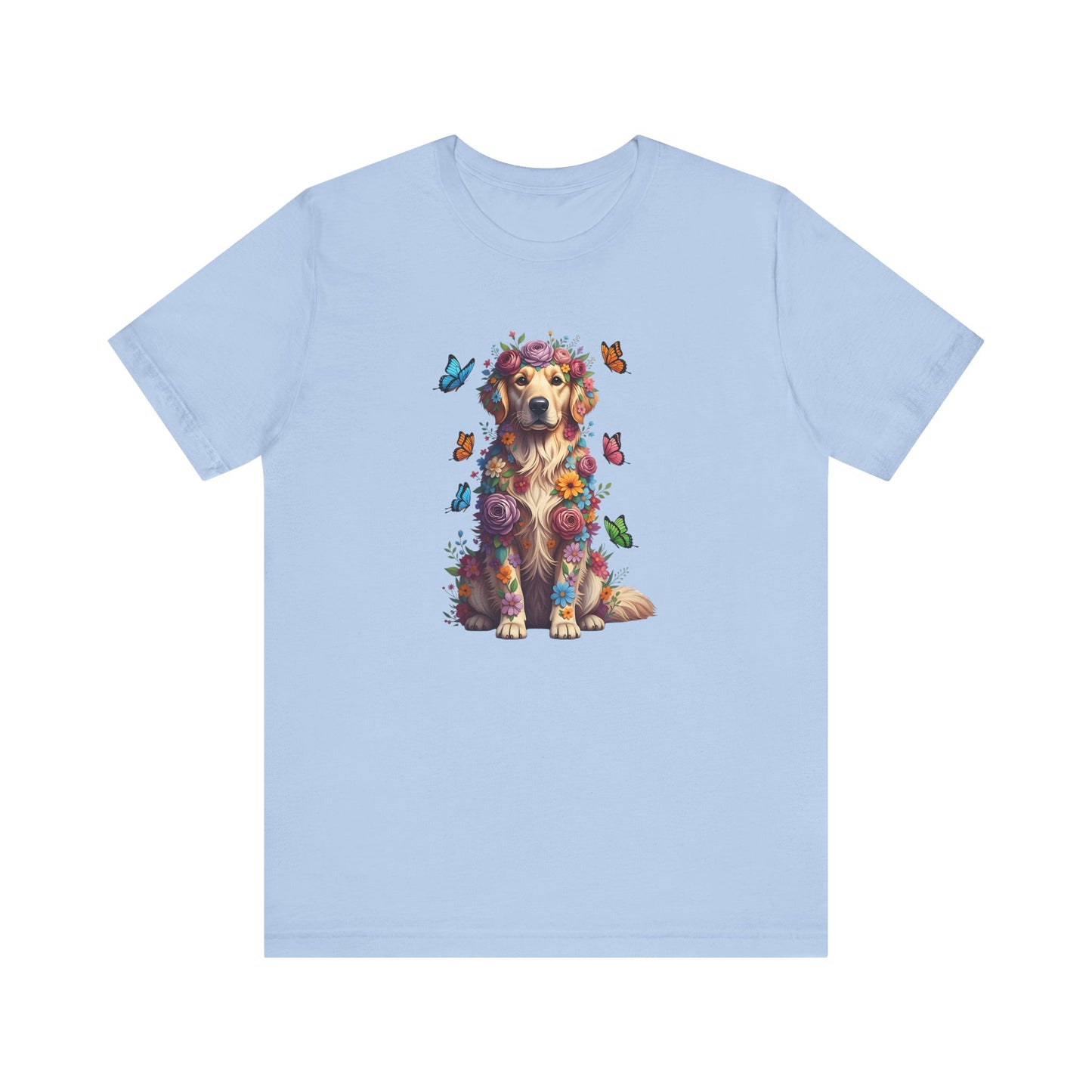 Whimsical Floral Golden Retriever Tee – Colorful Dog Lover Shirt with Butterflies