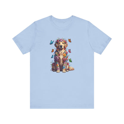Whimsical Floral Golden Retriever Tee – Colorful Dog Lover Shirt with Butterflies