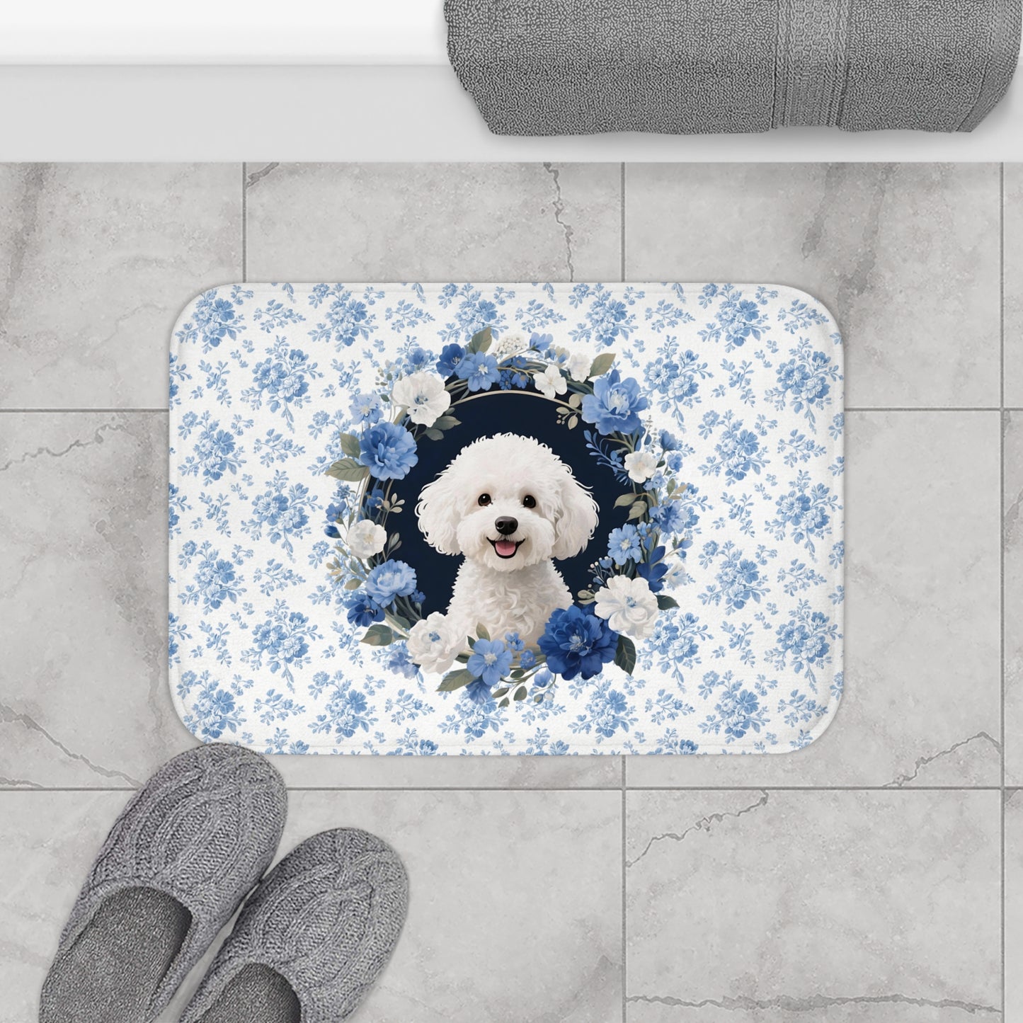 Blue Floral Bichon Bath Mat – Cute Bichon Frise Dog Bathroom Rug