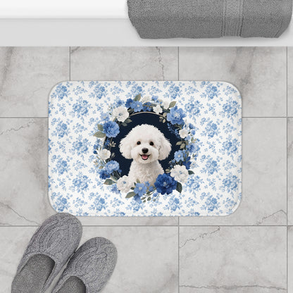 Blue Floral Bichon Bath Mat – Cute Bichon Frise Dog Bathroom Rug