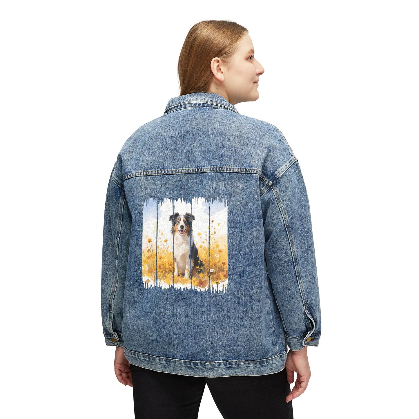 Trendy Border Collie Dog Women's Denim Jacket, Dog Demin Jacket, Gift for Collie Dog Mom, Gift for Dog Lovers, Fall Dog Style