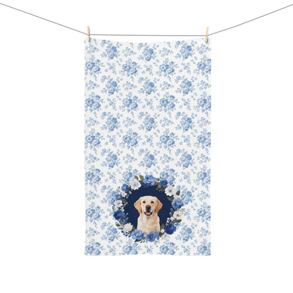 Blue Floral Labrador Retriever Dog Portrait Hand Towel – Cute Pet Bathroom Accessory