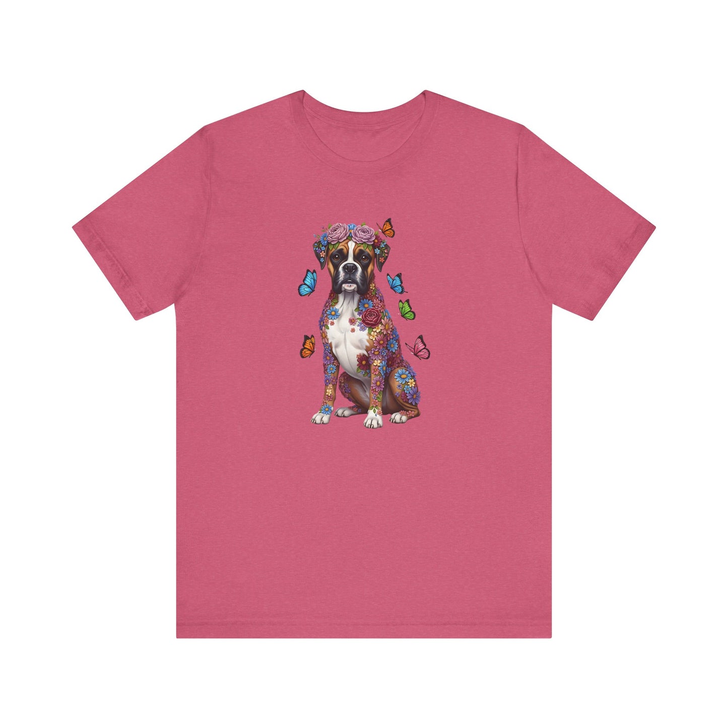 Whimsical Floral Boxer Tee – Colorful Dog Lover Shirt with Butterflies