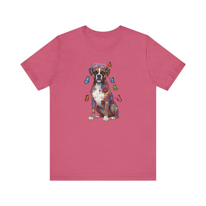 Whimsical Floral Boxer Tee – Colorful Dog Lover Shirt with Butterflies