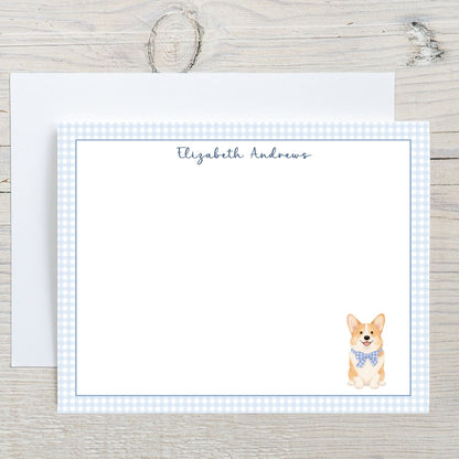 Corgi Dog Blue Gingham Personalized Notecard Set