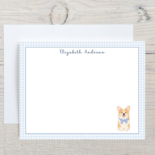 Corgi Dog Blue Gingham Personalized Notecard Set
