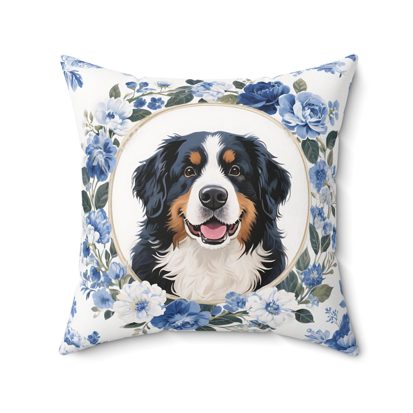Bernese Mountain Dog Blue Floral Throw Pillow