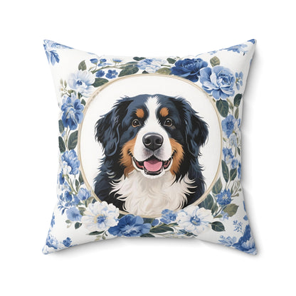 Bernese Mountain Dog Blue Floral Throw Pillow