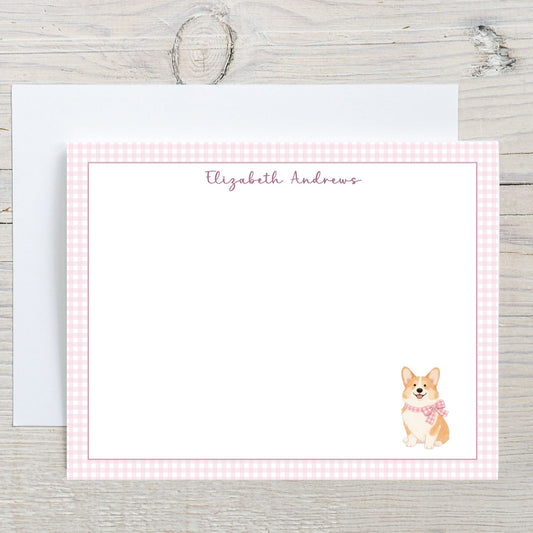 Corgi Dog Pink Gingham Personalized Notecard Set