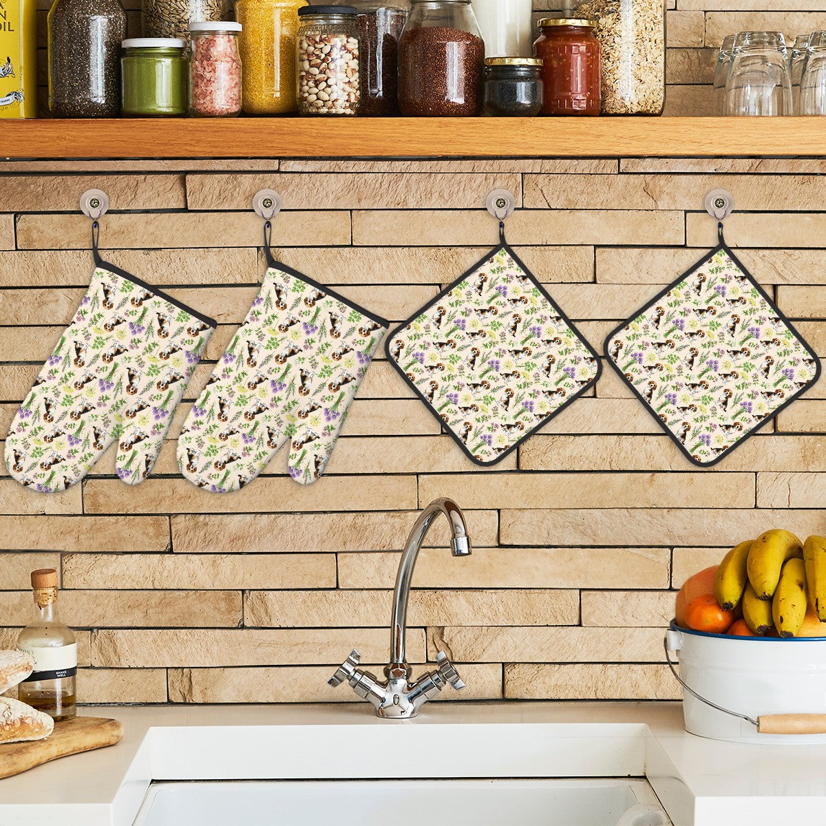 Beagle Dogs & Herbs Oven Mitt and Pot Holders Set