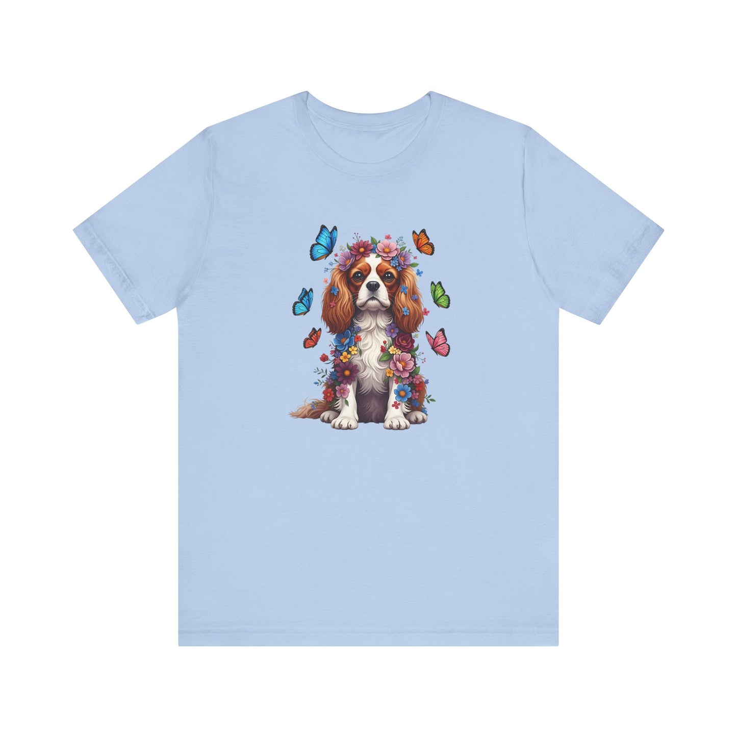 Whimsical Floral Cavalier King Charles Spaniel Tee – Colorful Dog Lover Shirt with Butterflies