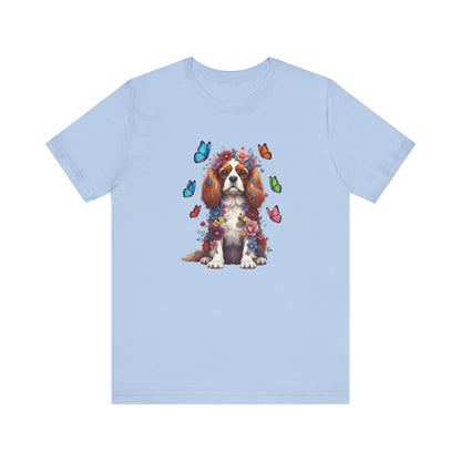 Whimsical Floral Cavalier King Charles Spaniel Tee – Colorful Dog Lover Shirt with Butterflies