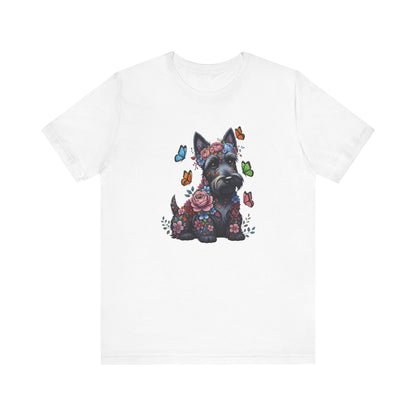 Whimsical Floral Scottish Terrier Tee – Colorful Dog Lover Shirt with Butterflies