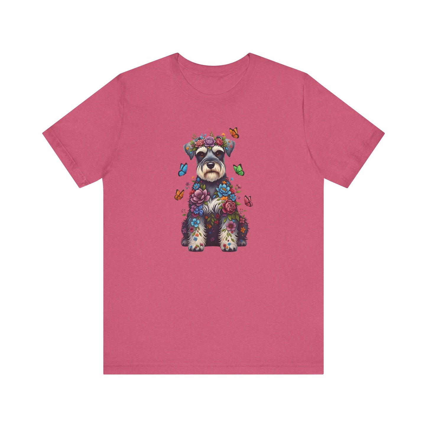 Whimsical Floral Schnauzer Tee – Colorful Dog Lover Shirt with Butterflies