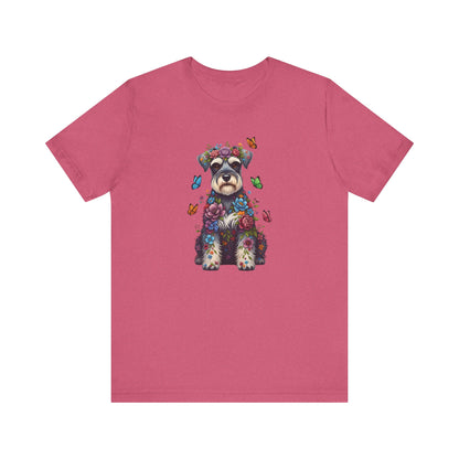 Whimsical Floral Schnauzer Tee – Colorful Dog Lover Shirt with Butterflies