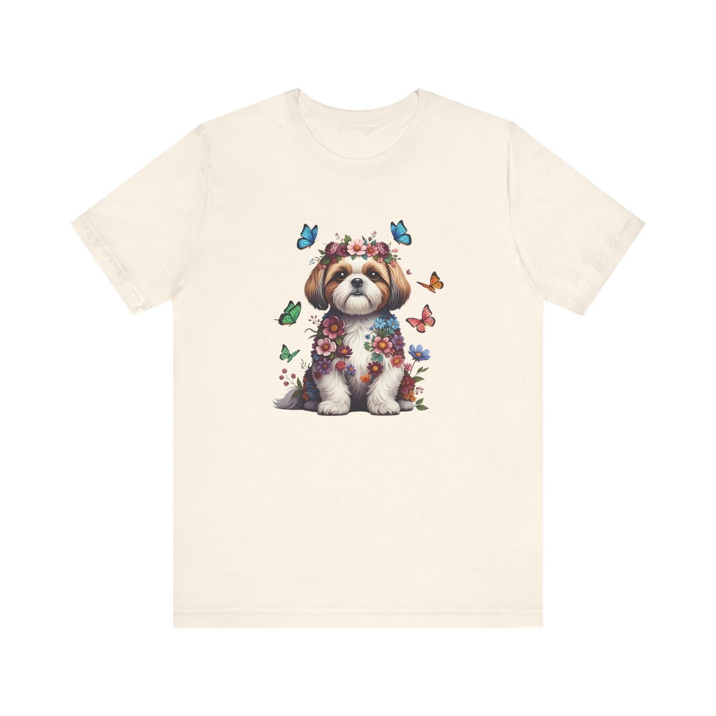 Whimsical Floral Shih Tzu Tee – Colorful Dog Lover Shirt with Butterflies