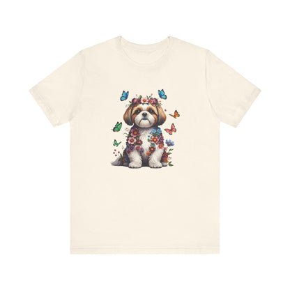 Whimsical Floral Shih Tzu Tee – Colorful Dog Lover Shirt with Butterflies