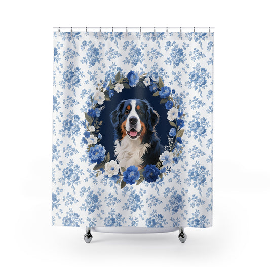 Bernese Mountain Dog Blue Floral Shower Curtain – Dog Portrait Bath Decor