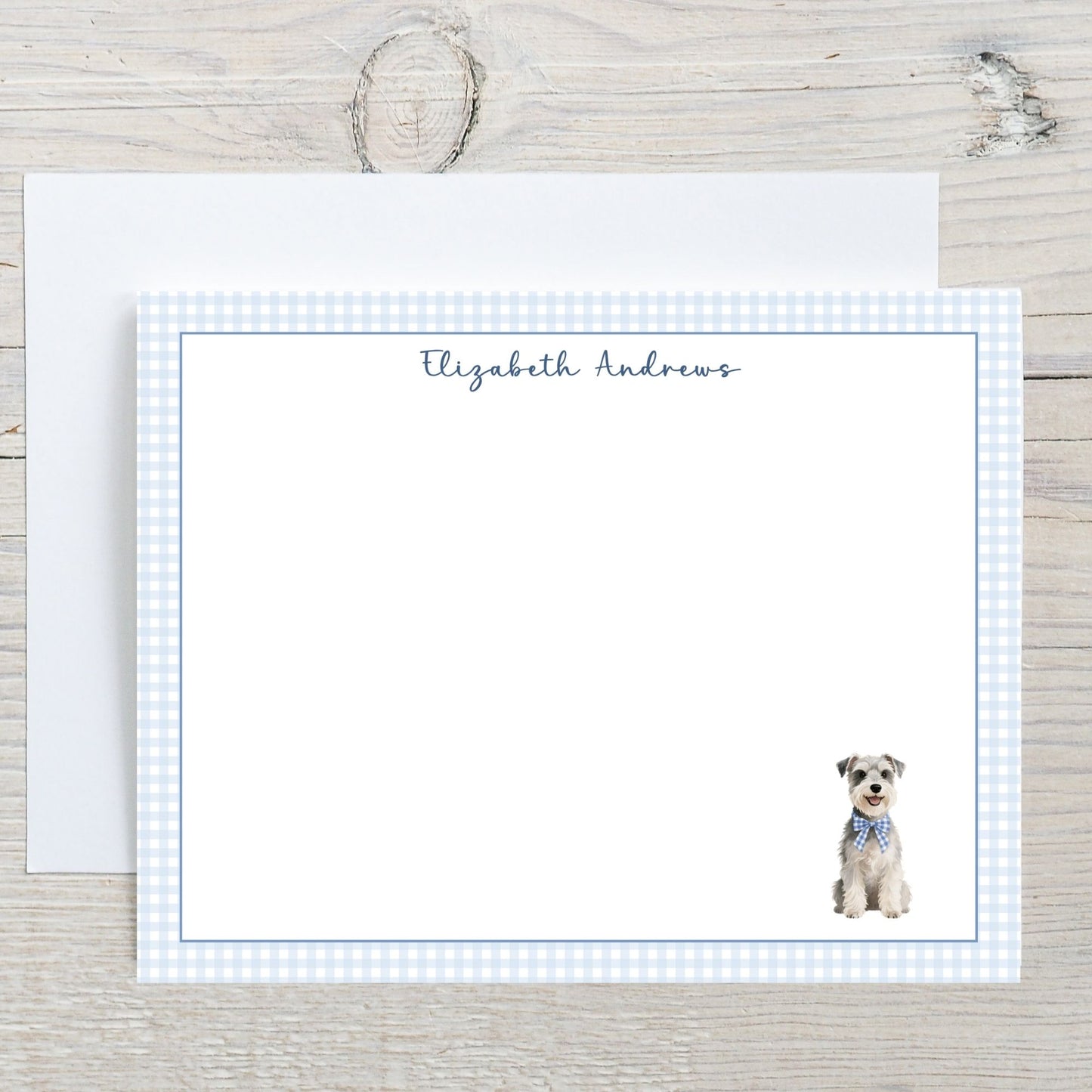 Schnauzer Dog Blue Gingham Personalized Notecard Set
