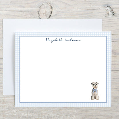 Schnauzer Dog Blue Gingham Personalized Notecard Set