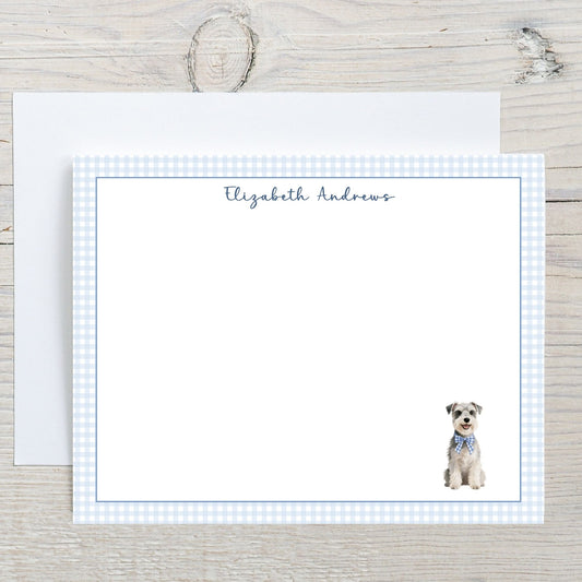 Schnauzer Dog Blue Gingham Personalized Notecard Set