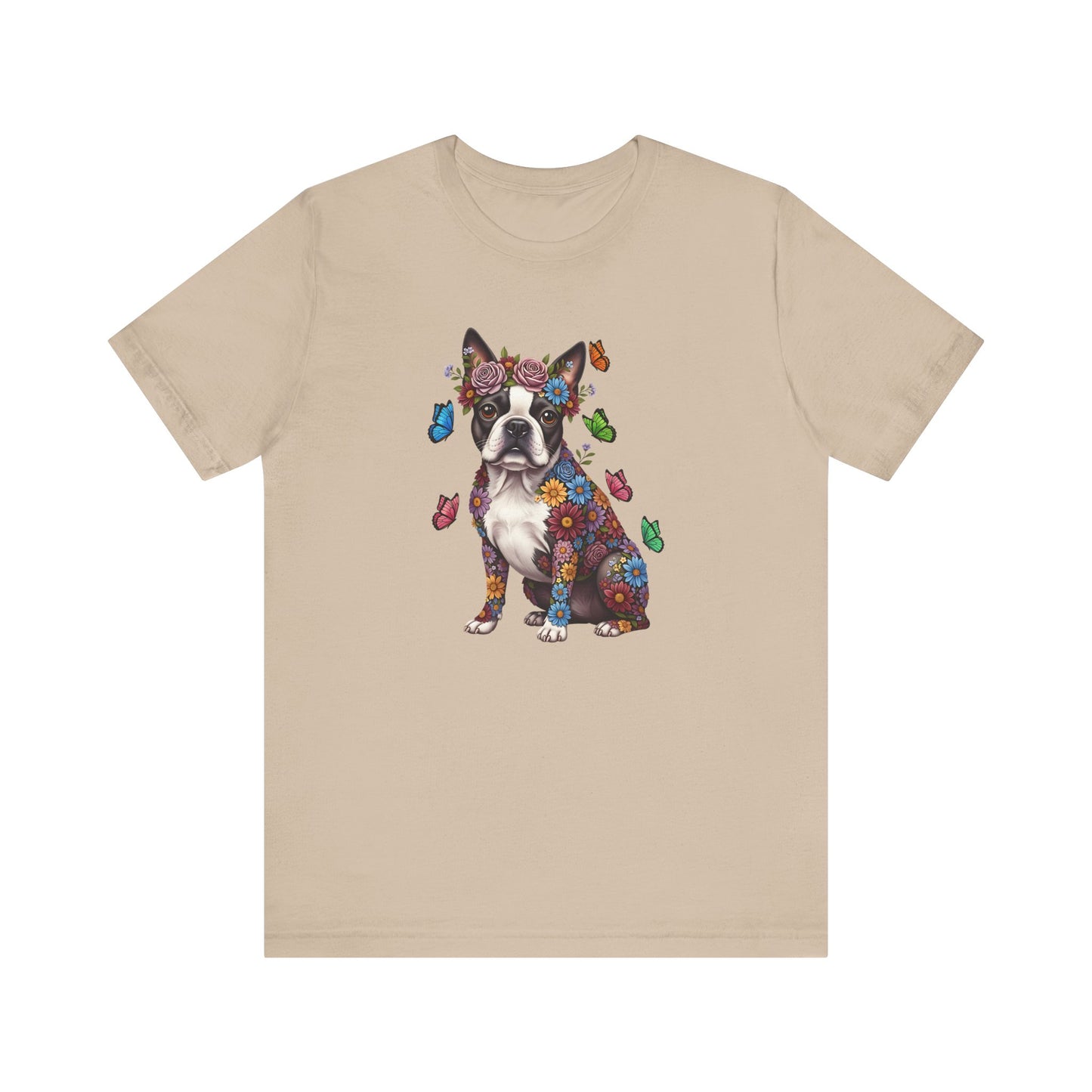 Whimsical Floral Boston Terrier Tee – Colorful Dog Lover Shirt with Butterflies