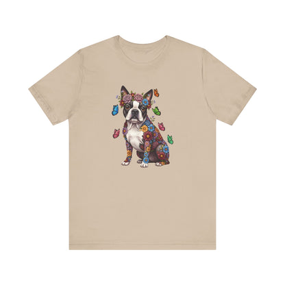 Whimsical Floral Boston Terrier Tee – Colorful Dog Lover Shirt with Butterflies