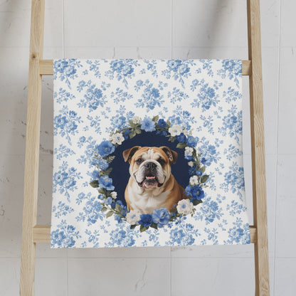 Blue Floral English Bulldog Portrait Hand Towel – Cute Pet Bathroom Accessory