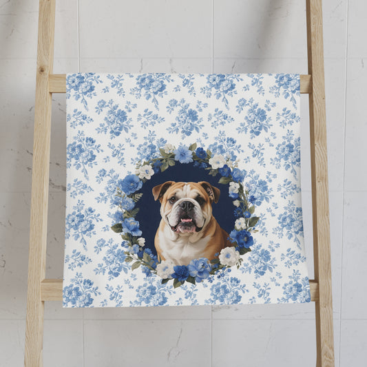 Blue Floral English Bulldog Portrait Hand Towel – Cute Pet Bathroom Accessory