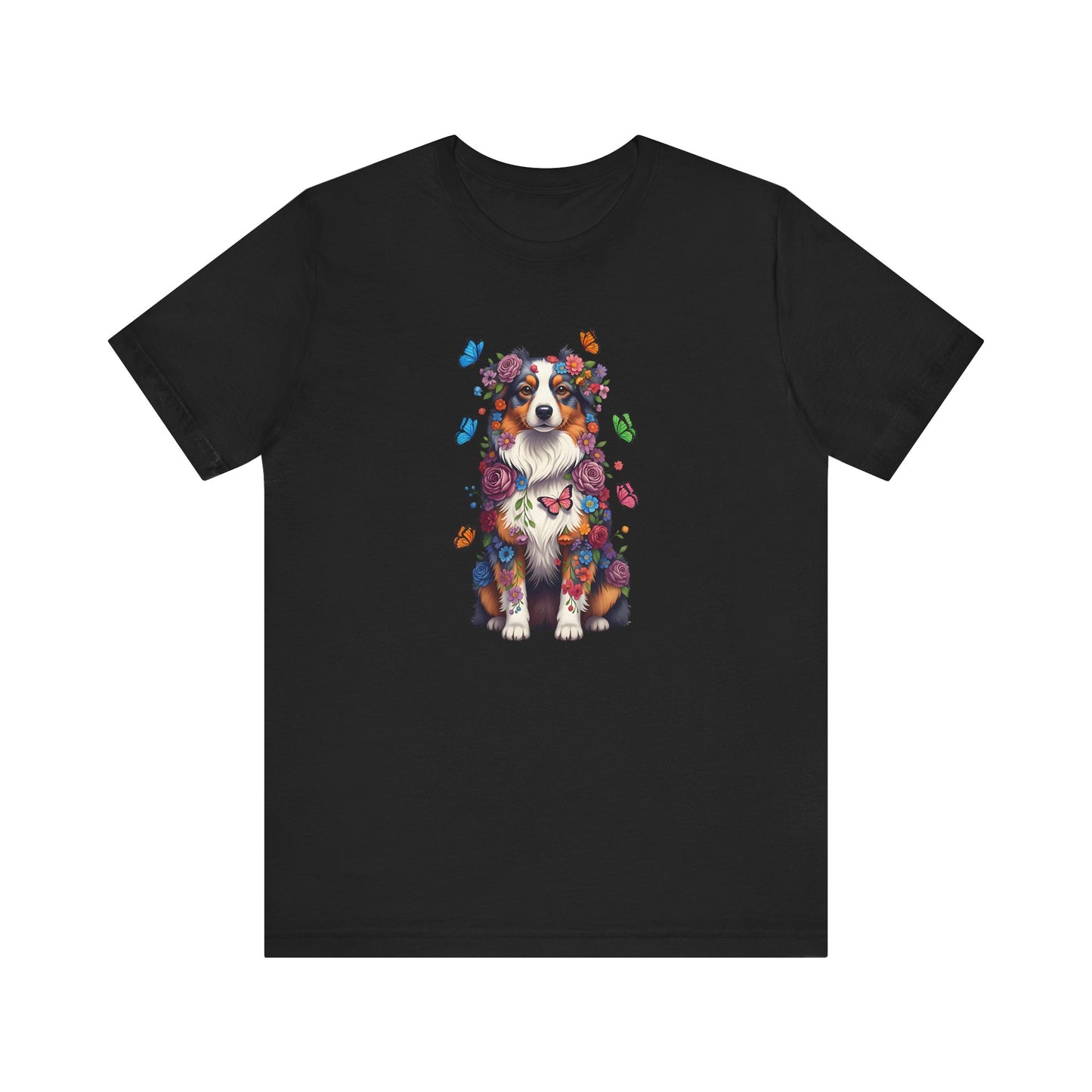 Whimsical Floral Australian Shepherd Tee – Colorful Dog Lover Shirt with Butterflies