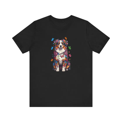 Whimsical Floral Australian Shepherd Tee – Colorful Dog Lover Shirt with Butterflies