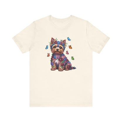 Whimsical Floral Yorkshire Terrier Tee – Colorful Dog Lover Shirt with Butterflies