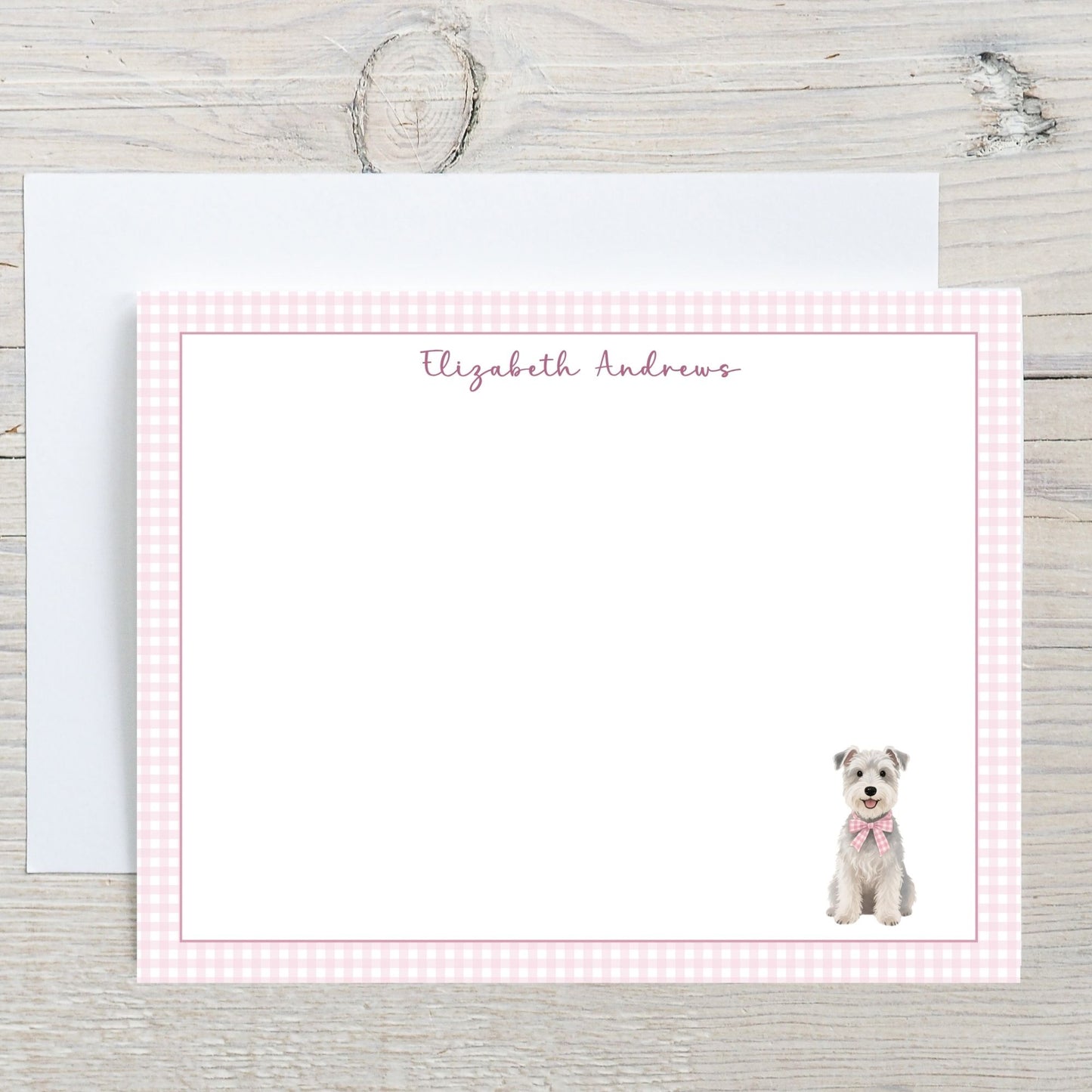 Schnauzer Dog Pink Gingham Personalized Notecard Set