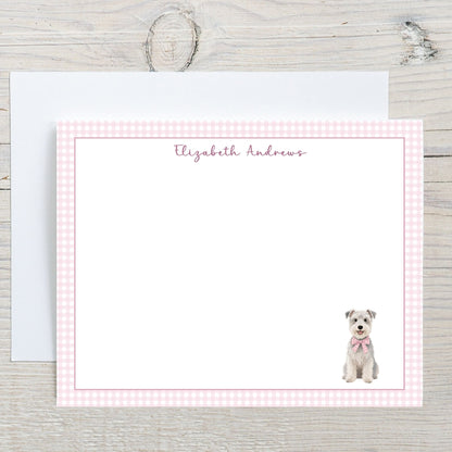 Schnauzer Dog Pink Gingham Personalized Notecard Set