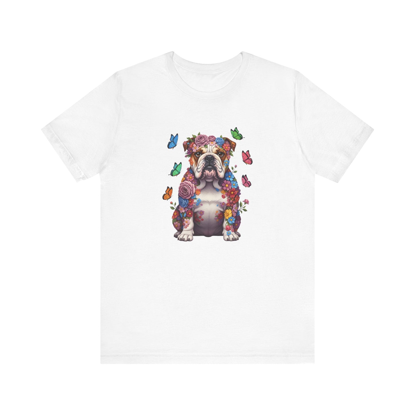 Whimsical Floral English Bulldog Tee – Colorful Dog Lover Shirt with Butterflies
