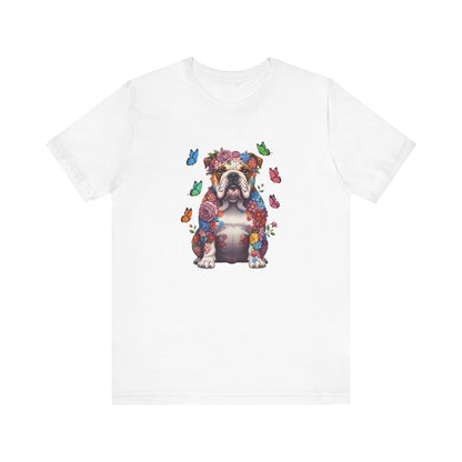 Whimsical Floral English Bulldog Tee – Colorful Dog Lover Shirt with Butterflies