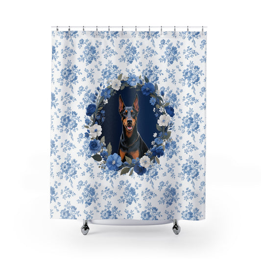Doberman Pinscher Dog Blue Floral Shower Curtain – Dog Portrait Bath Decor