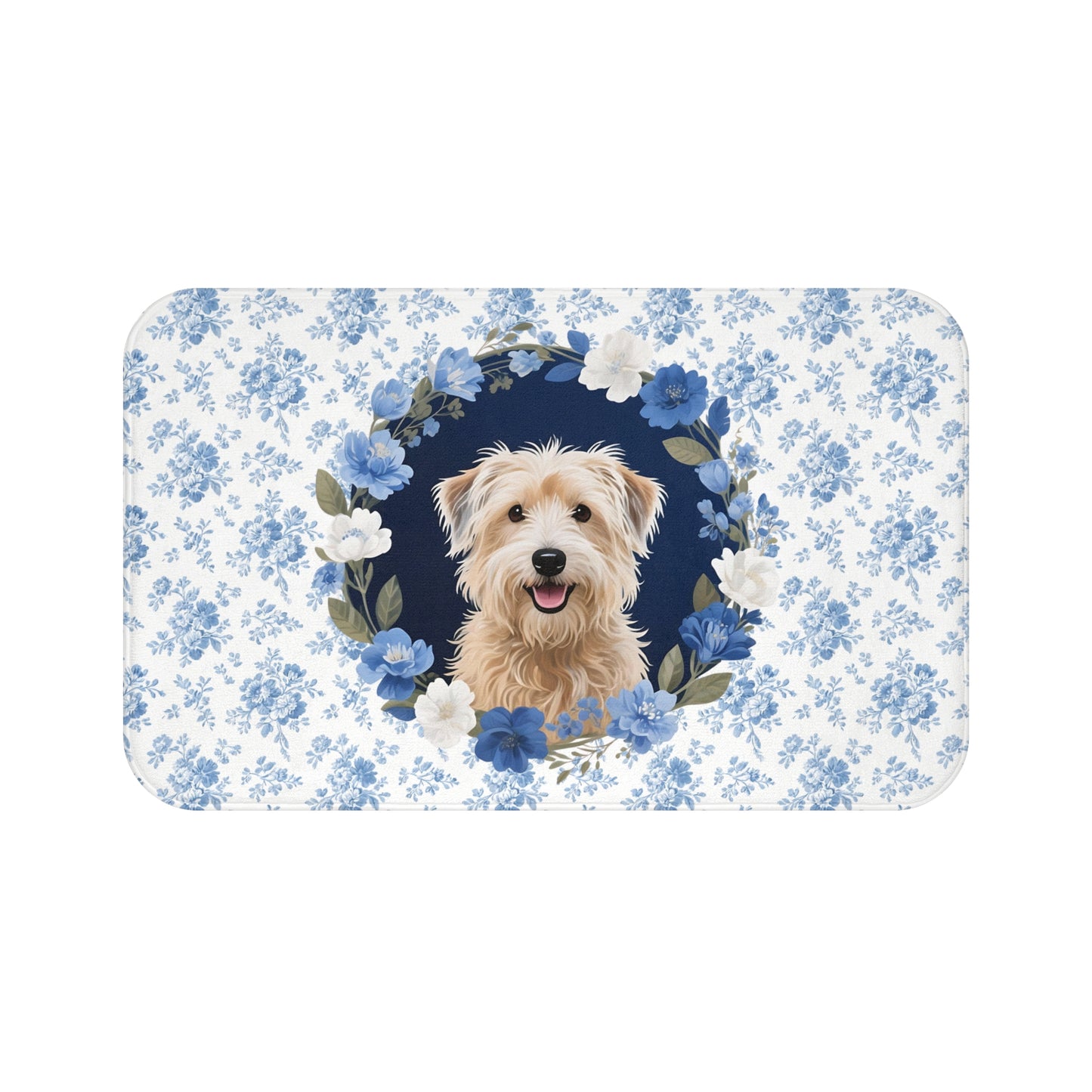 Blue Floral Wheaten Bath Mat – Cute Wheaten Terrier Dog Bathroom Rug