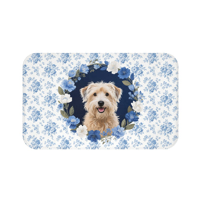 Blue Floral Wheaten Bath Mat – Cute Wheaten Terrier Dog Bathroom Rug